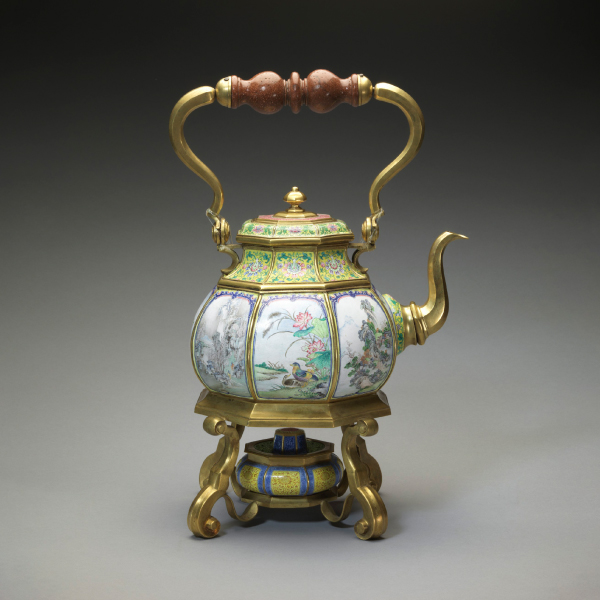 Painted enamel octagonal teapot with landscape, flowers, and birds in reserved panels